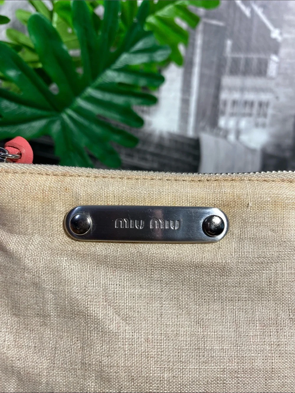 Authentic Miu Miu Beige Linen Pouch with Coral Trim
